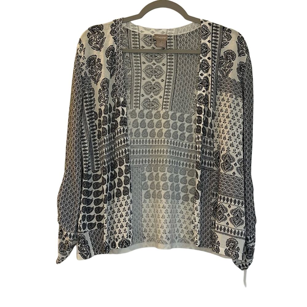 Chico’s Mixed Bandana Print Open Front Cardigan Sweater Size 1 / M White Black